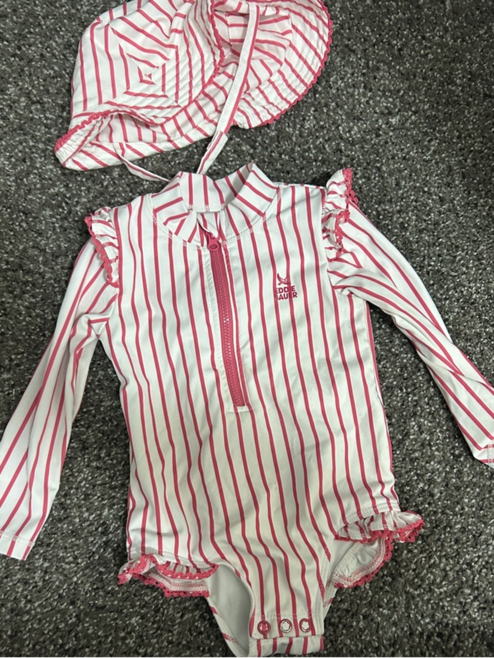Eddie Bauer Pink and White Striped Infant Swim Rashguard with Hat.